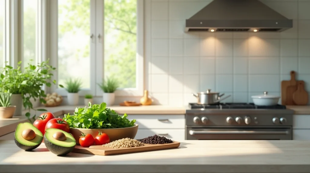 Modern kitchen with healthy 5-minute lunch ideas displayed on a countertop.