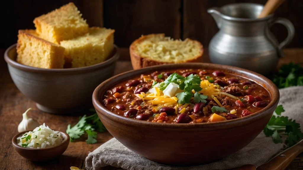 A steaming bowl of venison chili garnished with cheese, onions, and cilantro, served with cornbread on a rustic table