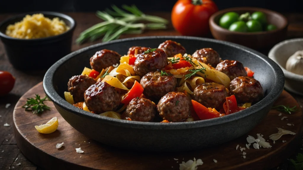 A golden-brown sausage pasta casserole fresh out of the oven, topped with melted cheese.