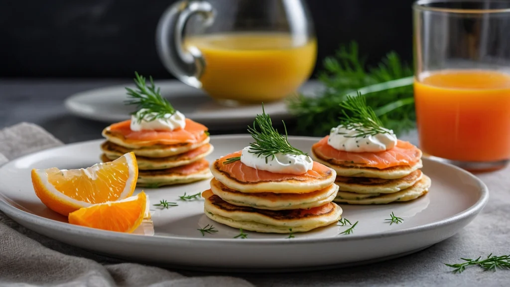 Savory mini pancakes with smoked salmon and cream cheese.