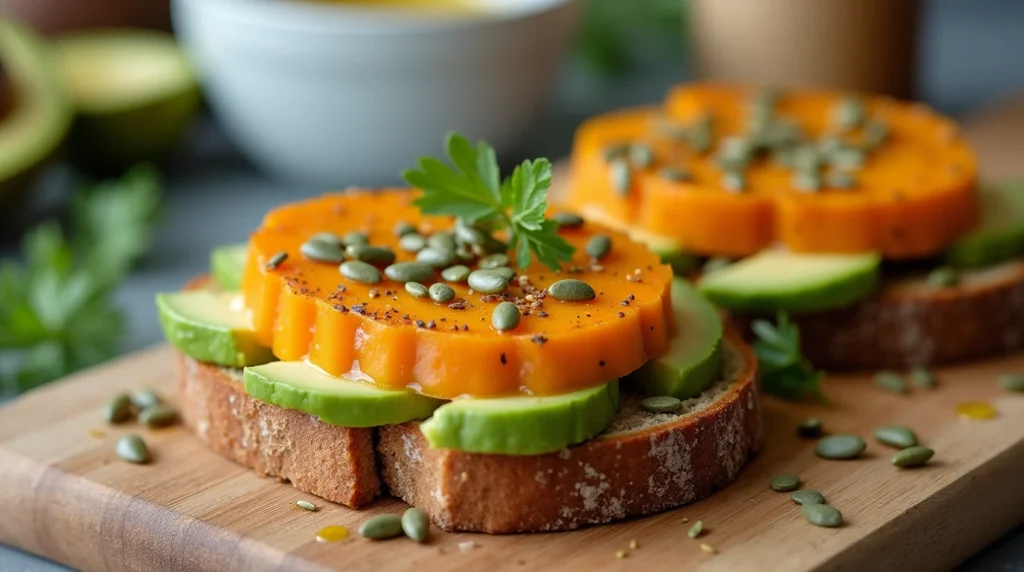 Savory pumpkin avocado toast topped with pumpkin seeds and olive oil in a modern kitchen.