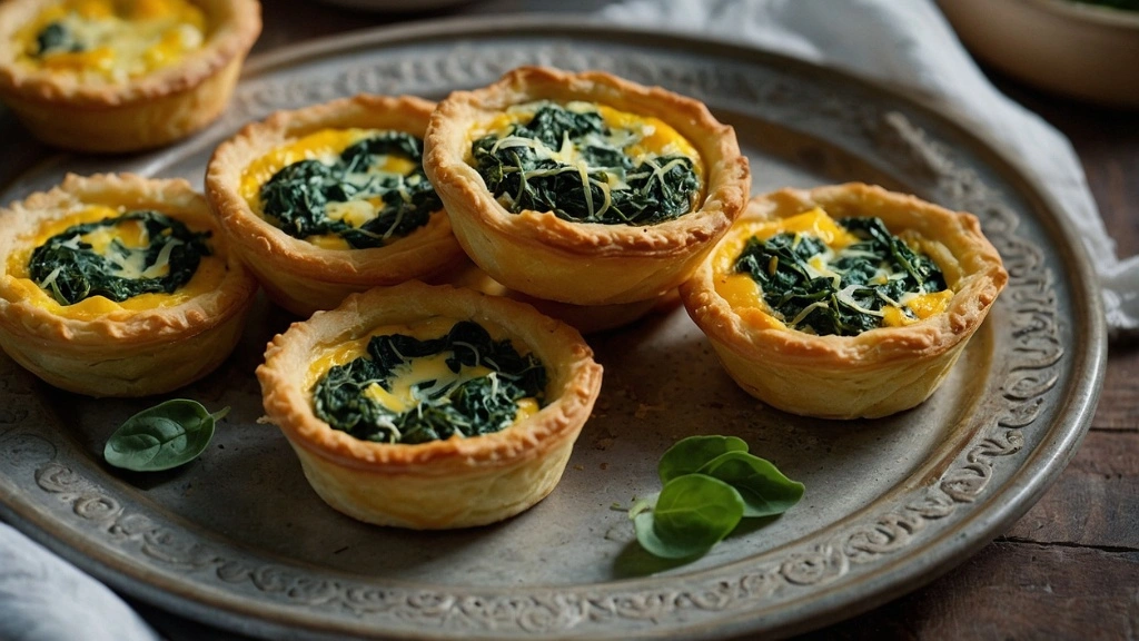 Overhead shot of golden, flaky breakfast tarts filled with spinach, cheese, and egg.