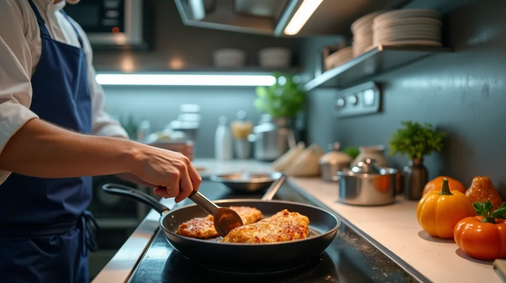 Searing sous vide chicken in a pan in a modern kitchen.