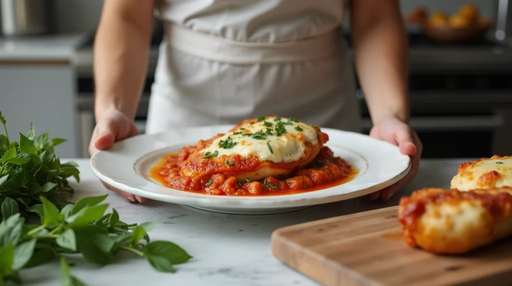 Serving freshly baked Chicken Parmesan in a modern kitchen