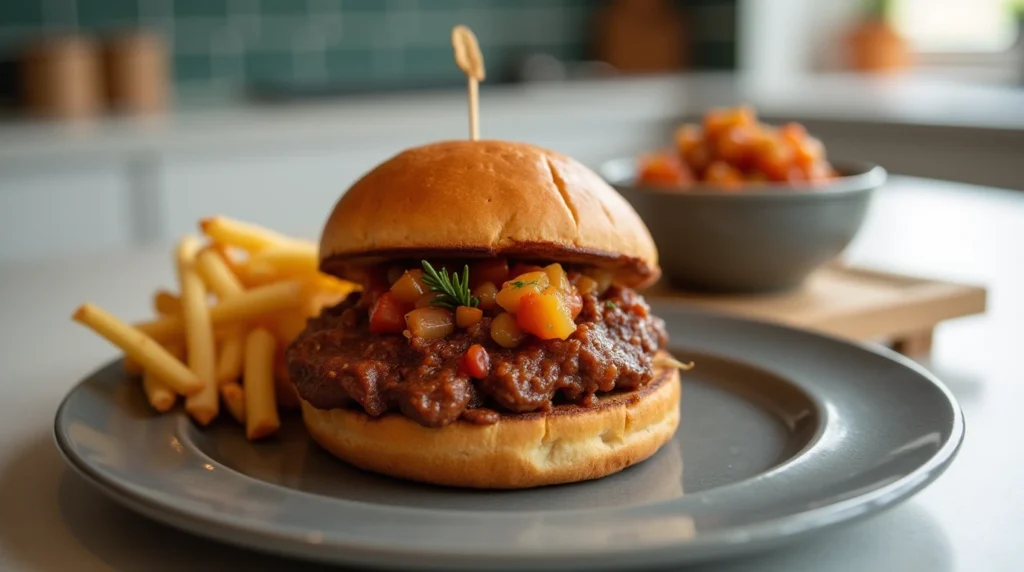 Barbecue sandwich with chow chow relish served alongside a bowl of relish in a bright kitchen