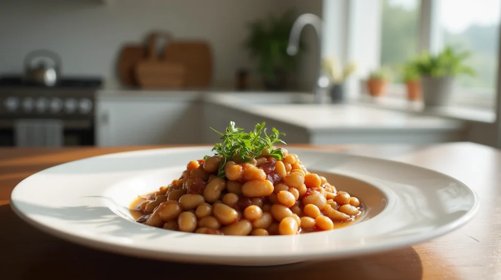 Plated cowboy beans with calico beans ready to serve.