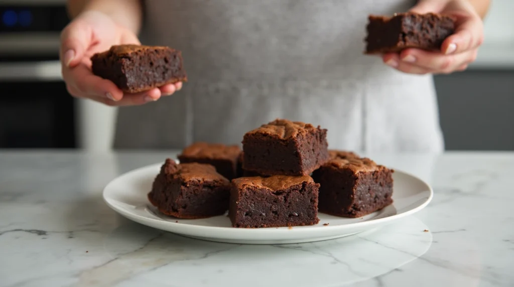 Serving freshly baked brownies in a modern kitchen, with fudgy, cakey, and chewy pieces on a plate.