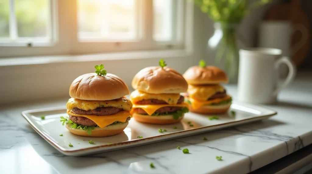 Freshly made breakfast sliders served on a marble countertop with morning sunlight.

