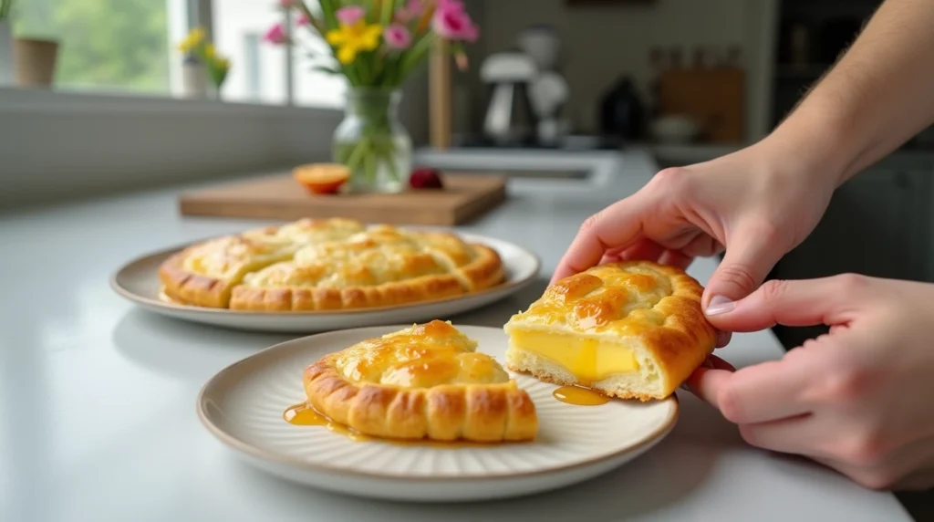 Slicing and serving freshly baked Galaktoboureko in a modern kitchen