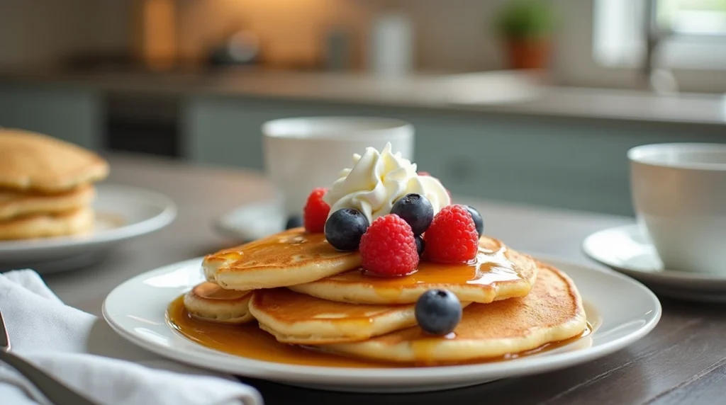  A cozy kitchen table with a plate of mini pancakes, topped with syrup, fruit, and whipped cream, set in a relaxed atmosphere.