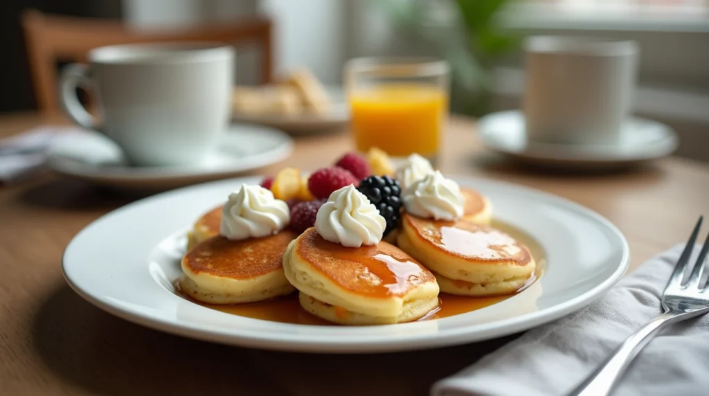 Mini pancakes served with syrup, fruit, and whipped cream in a cozy kitchen setting