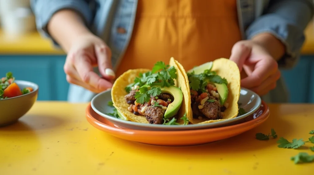 Serving healthy avocado and black bean tacos in a modern kitchen