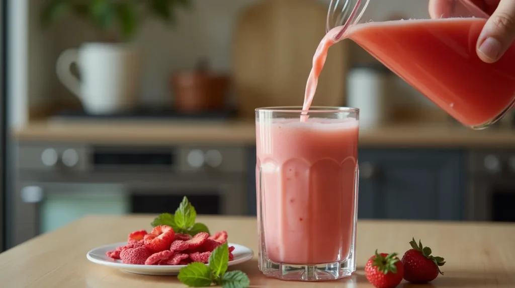 Pouring the Pink Drink into a glass with freeze-dried strawberries and ice.