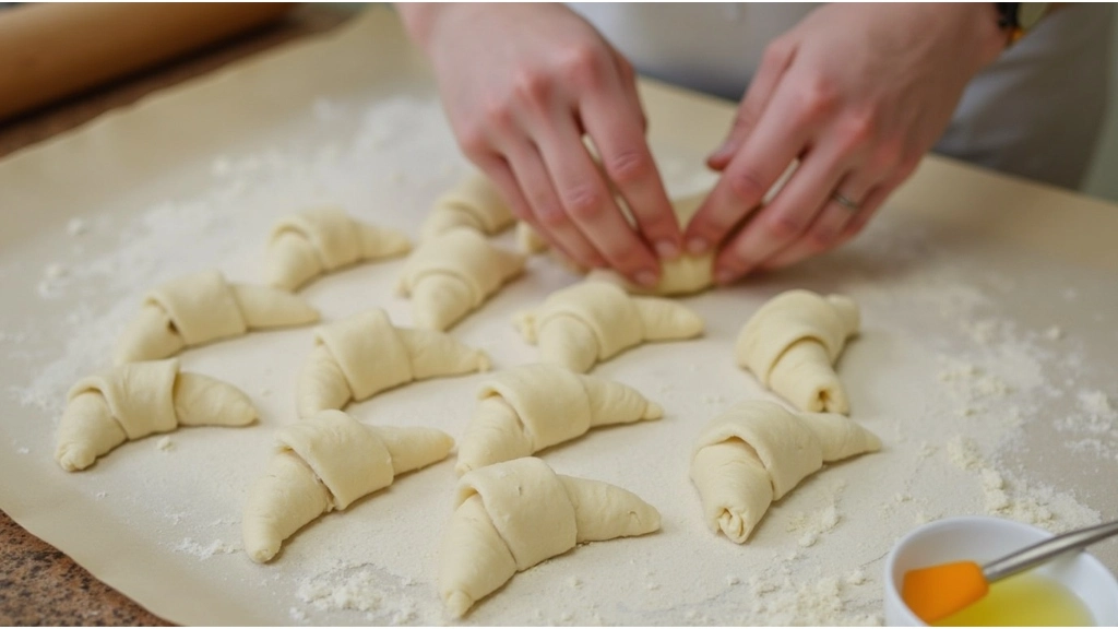 Hands shaping Gipfeli dough into crescent shapes on a floured surface