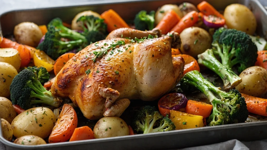 Sheet-pan with roasted chicken thighs, broccoli, carrots, and potatoes garnished with fresh herbs.