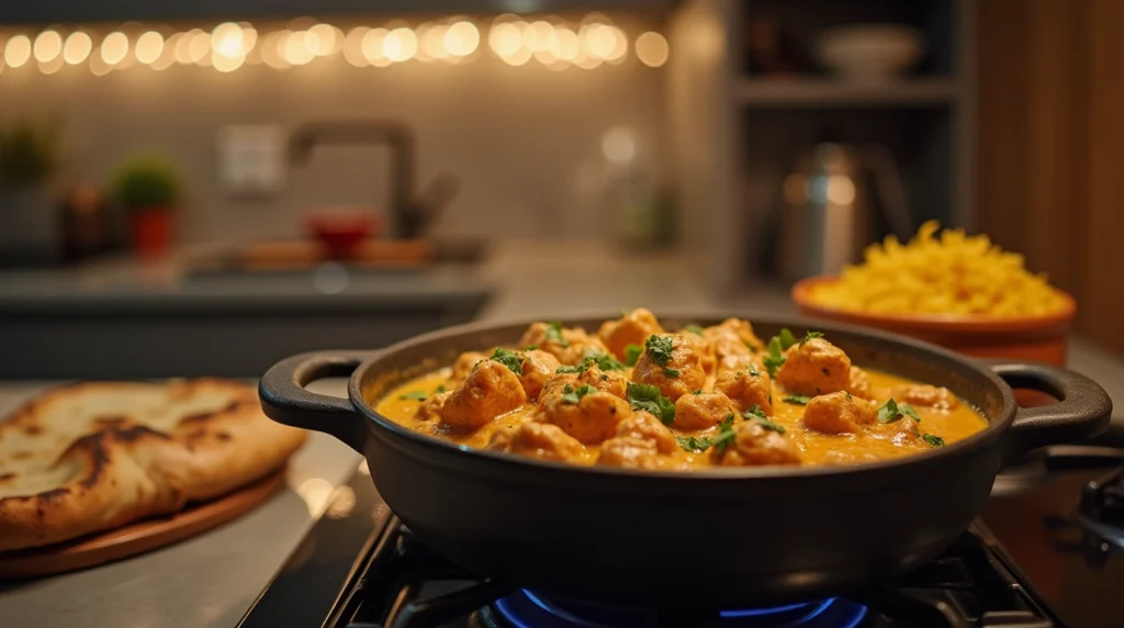 Simmering butter chicken in a pot with naan and rice in a modern kitchen.