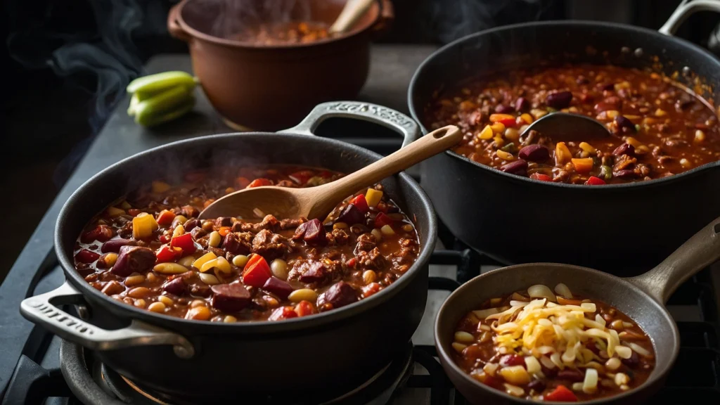 A Dutch oven on a stove with a pot of venison chili simmering, beans and tomatoes visible, steam rising