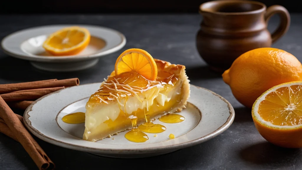 A slice of Galaktoboureko with golden phyllo crust, creamy custard, and citrus syrup, garnished with orange and cinnamon