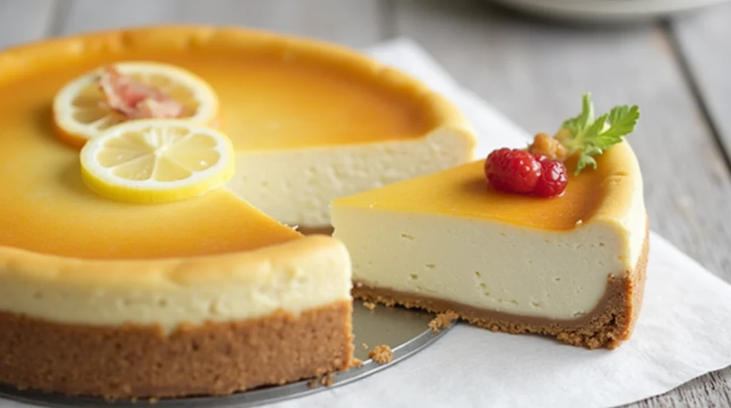 Slice of creamy ricotta cheesecake with a lemon twist