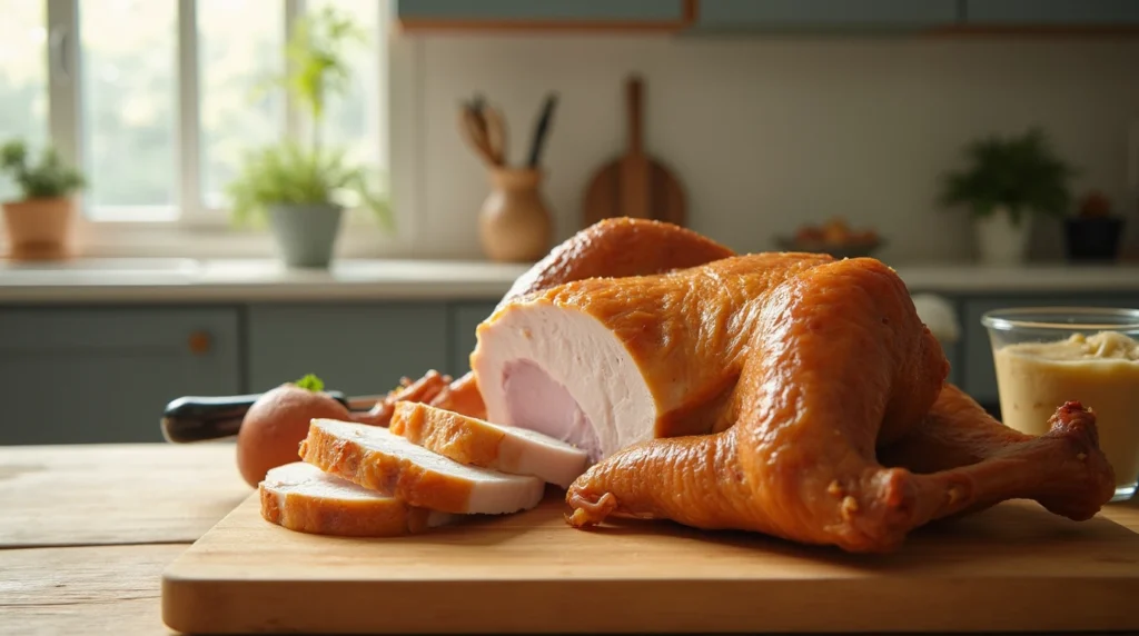 Homemade roasted turkey breast being sliced on a kitchen counter.