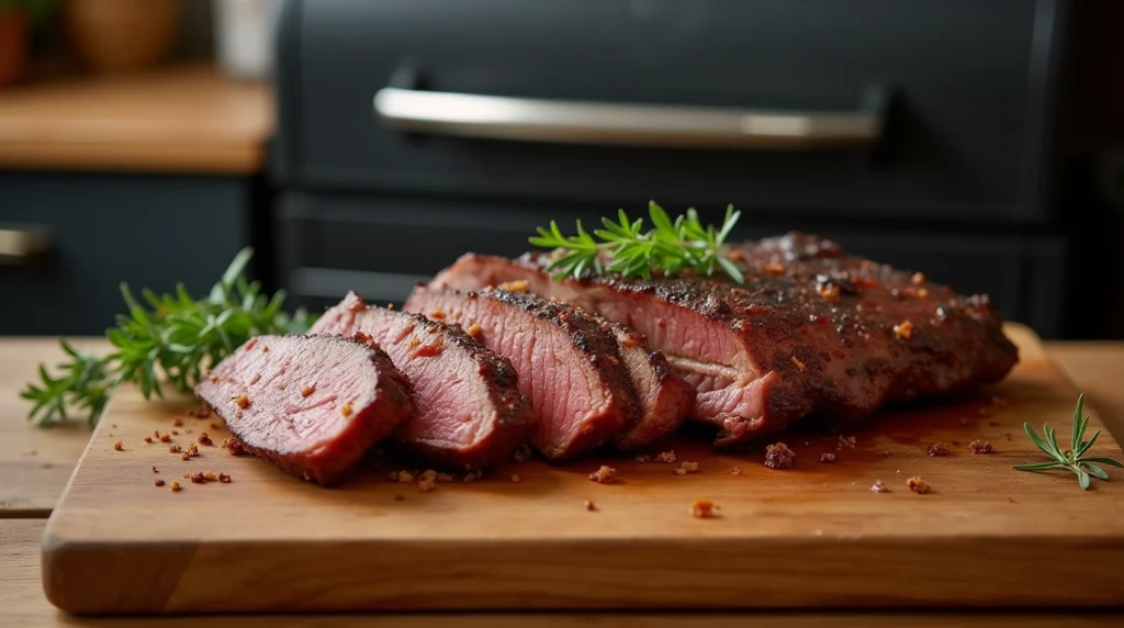 Best food to smoke in a smoker - smoky beef brisket on a cutting board with herbs in a rustic kitchen.