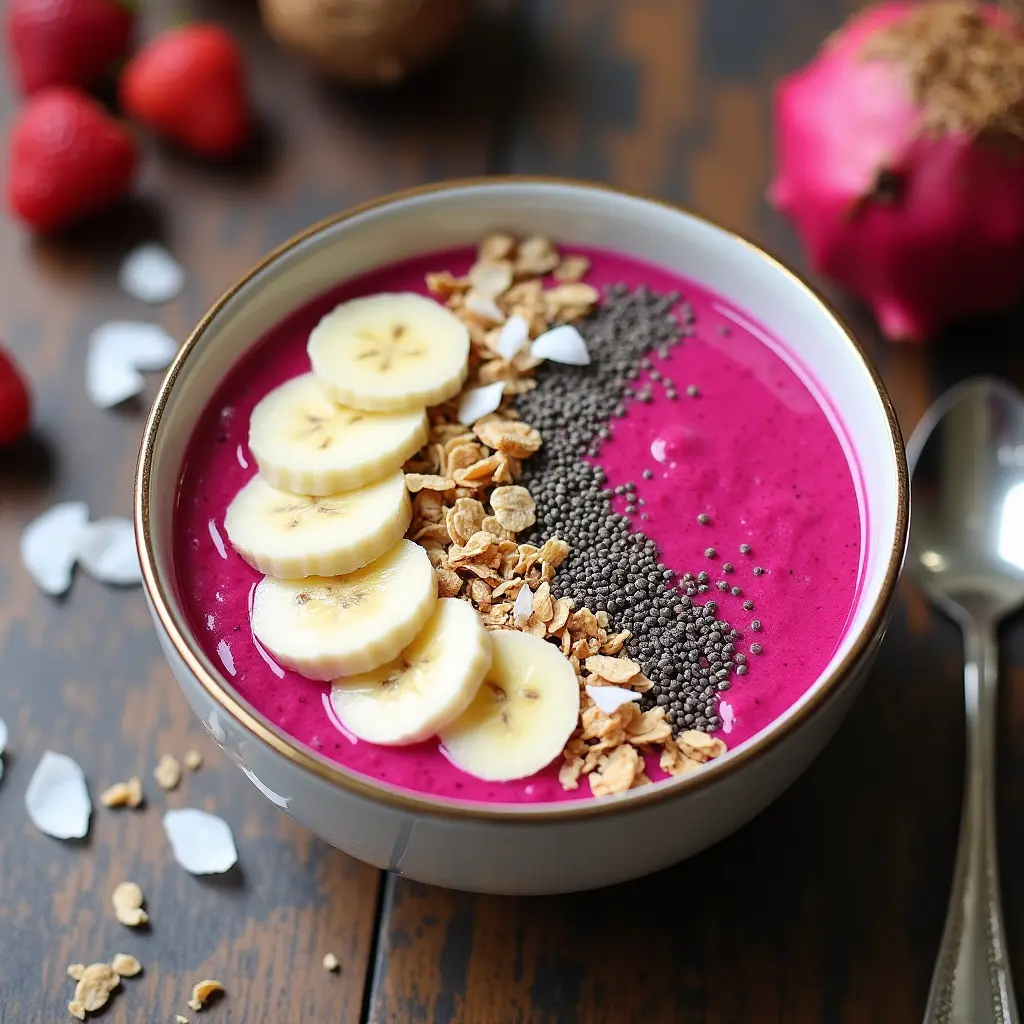 A vibrant smoothie bowl topped with banana slices, chia seeds, granola, and coconut flakes.