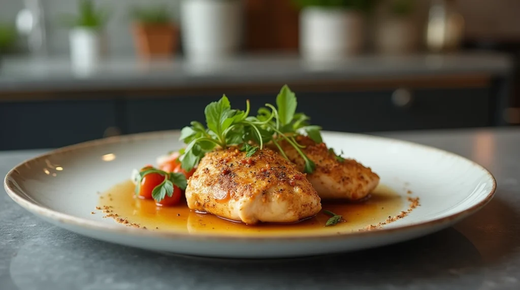 Sous Vide Marinated Chicken Plated with Fresh Herbs

