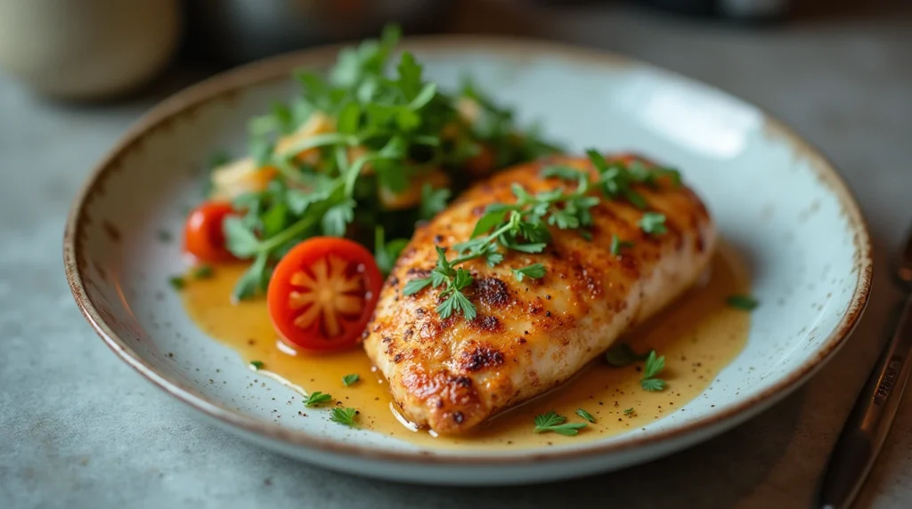 Sous vide marinated chicken served on a dinner plate with herbs and vegetables.