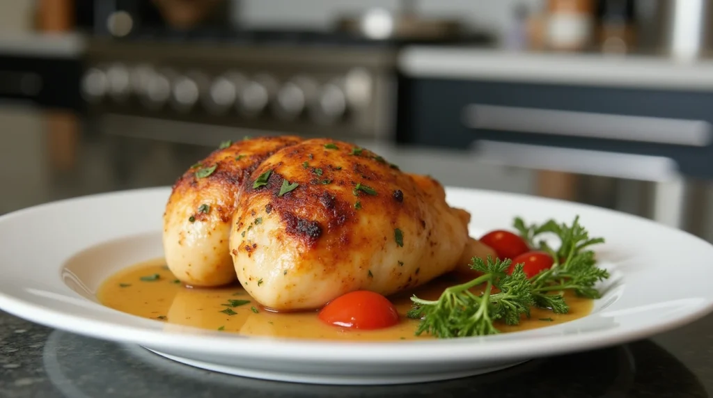 Sous vide marinated chicken plated with vegetables and fresh herbs in a modern kitchen.