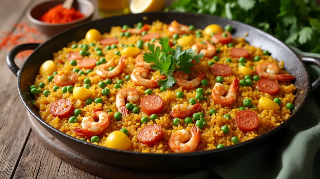 raditional Spanish paella with saffron rice, sliced chorizo, shrimp, and peas in a large pan.