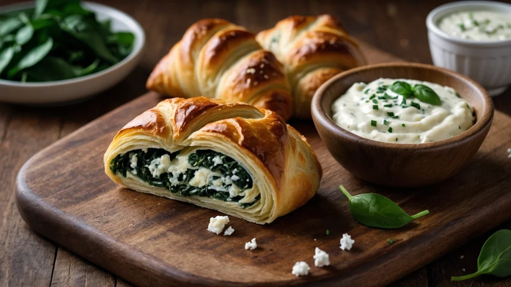 Spinach and feta crescent rolls served with garlic dip on a wooden cutting board.