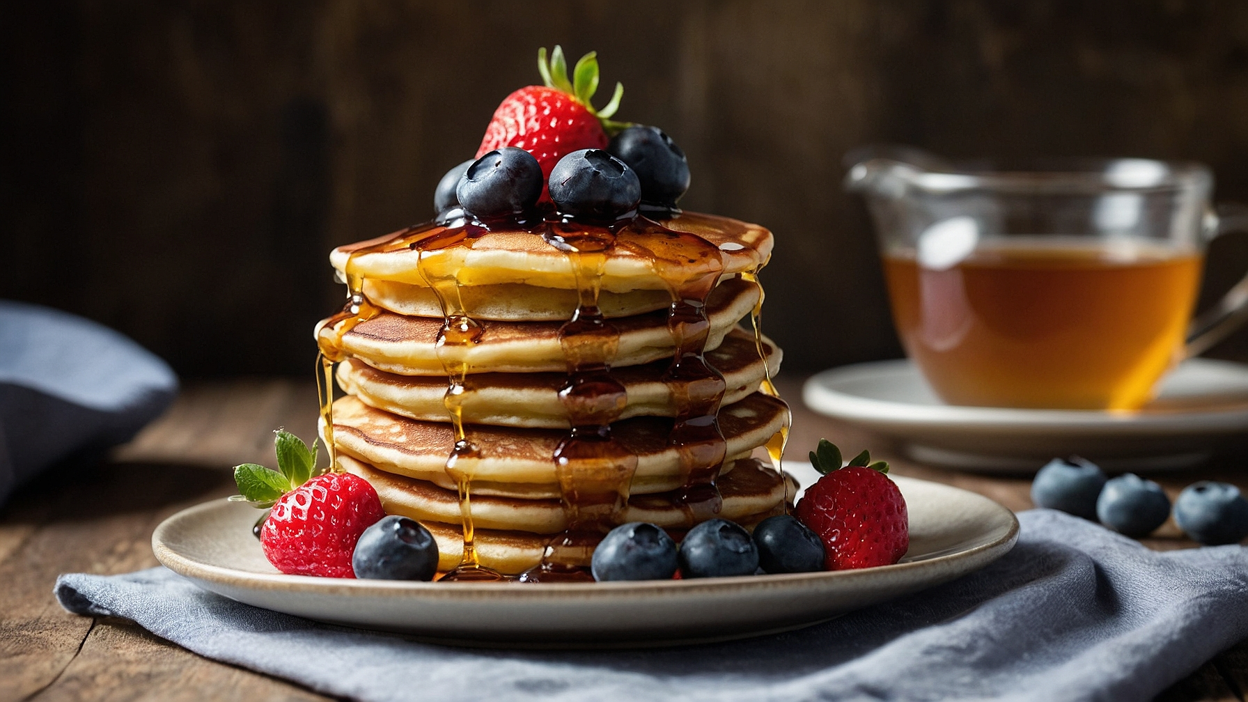 Stack of mini pancakes topped with berries and maple syrup on a rustic table.