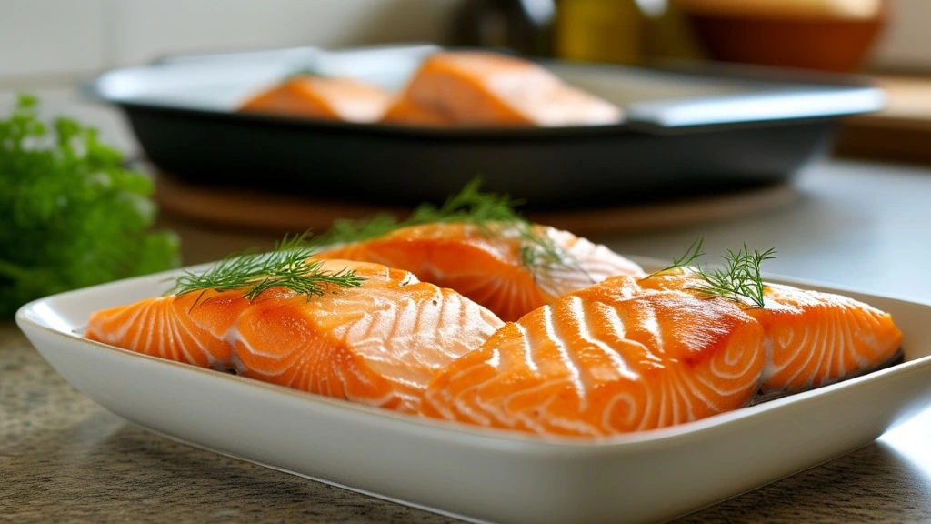 Hands shaping salmon bites over a mixing bowl with a baking sheet ready in the background.