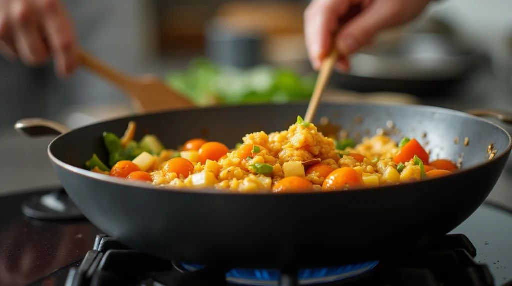 A person preparing a 5-minute last-minute dinner in a modern kitchen.