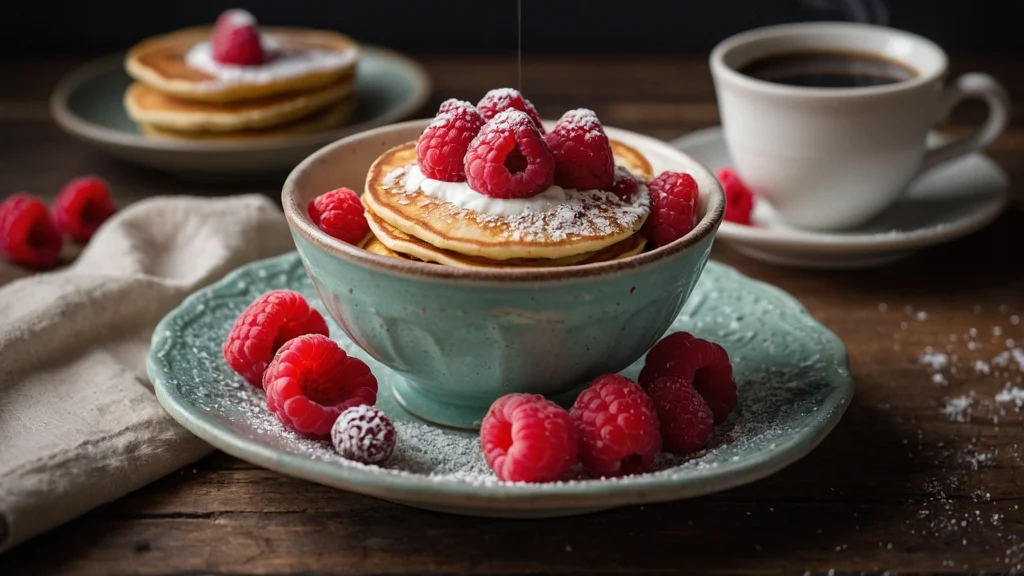 Mini pancakes in a bowl with whipped cream and raspberries