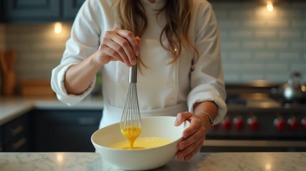 A chef tempering egg yolks with hot cream in a modern kitchen.