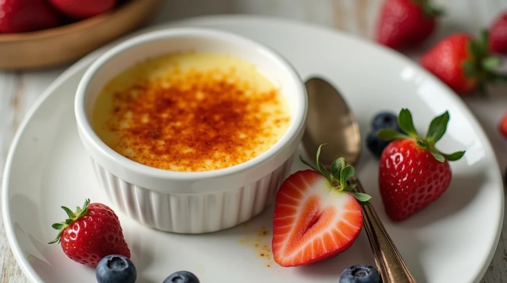 A close-up of crème brûlée with a golden, caramelized sugar crust.