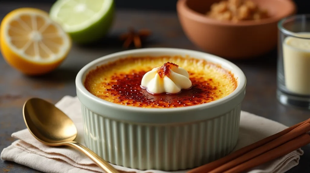 A close-up of crème brûlée with a golden, caramelized sugar crust.