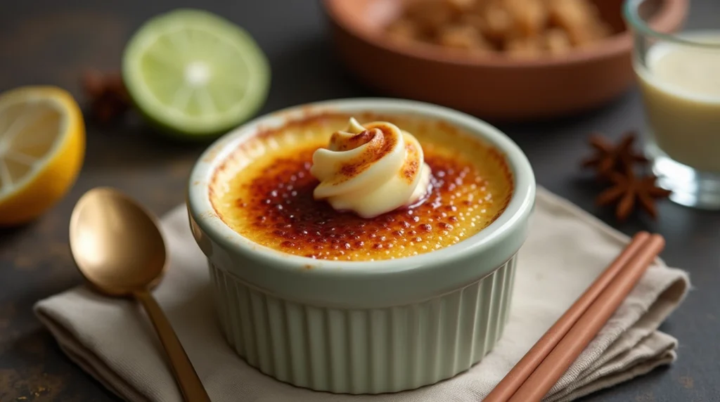 A close-up of crème brûlée with a golden, caramelized sugar crust.