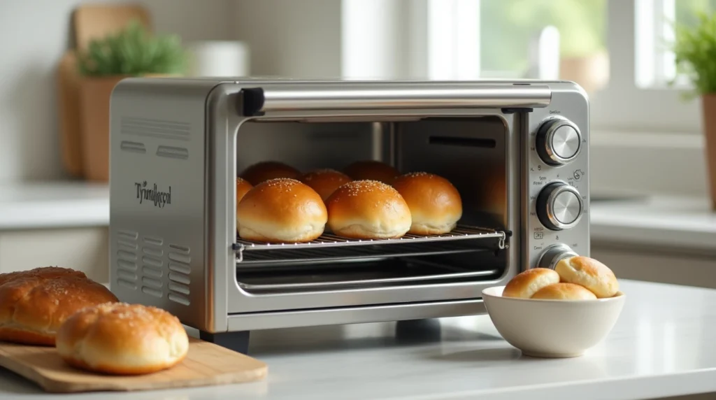 Toasting freshly buttered buns in a modern kitchen toaster oven.

