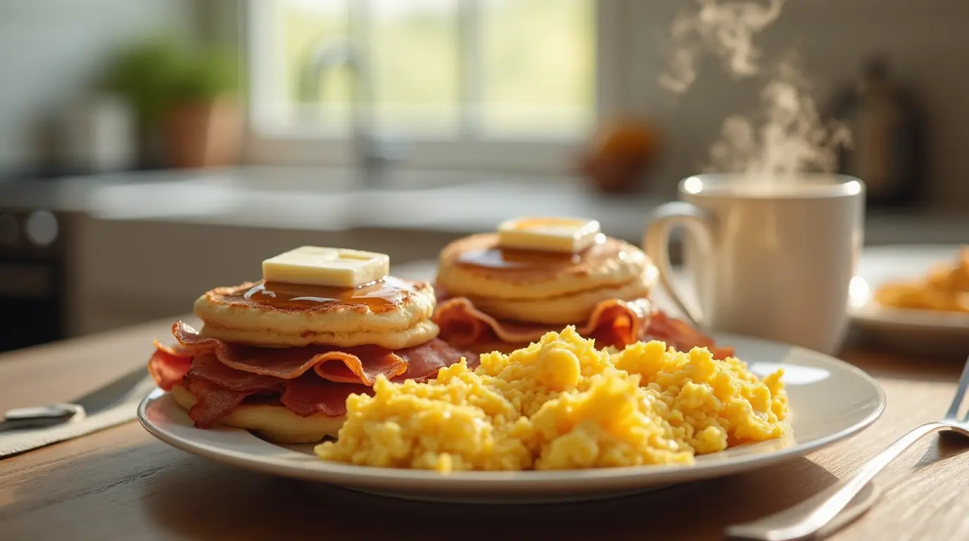 Traditional American breakfast spread with eggs, bacon, and pancakes.