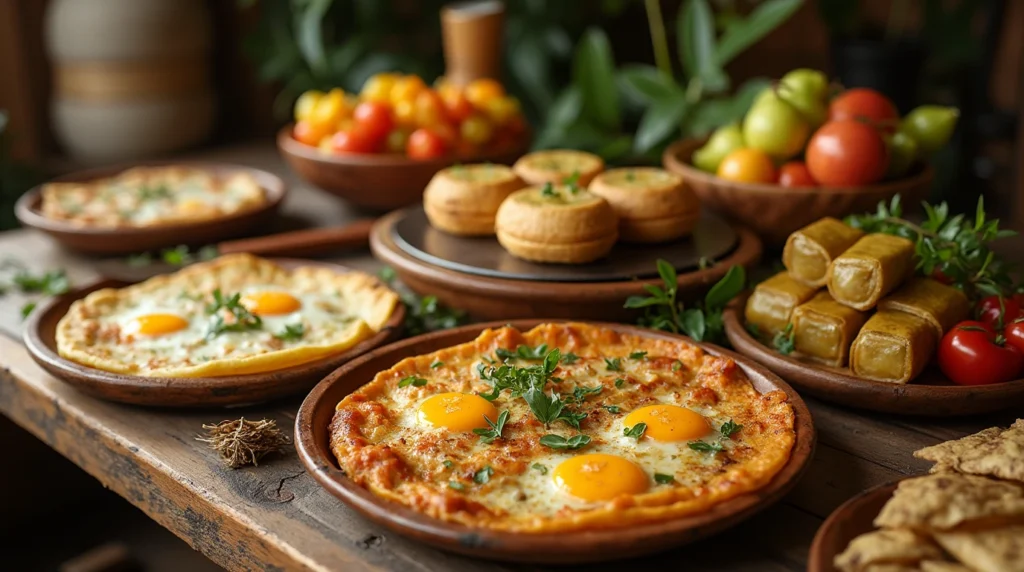 Traditional Colombian breakfast dishes including arepas, eggs, tamales, and fresh fruit