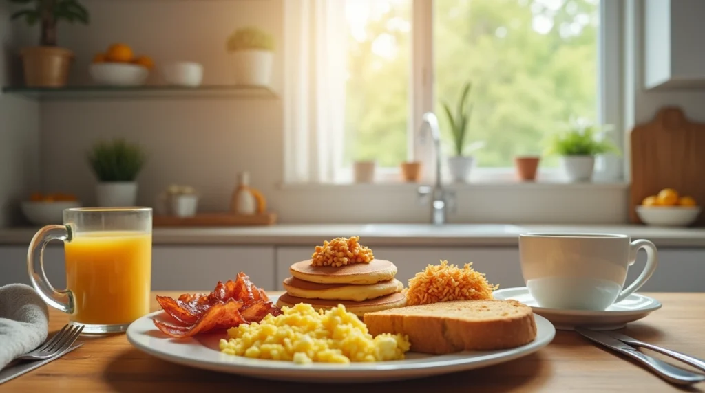 Full American breakfast spread with pancakes, bacon, eggs, hash browns, and coffee in a modern kitchen.