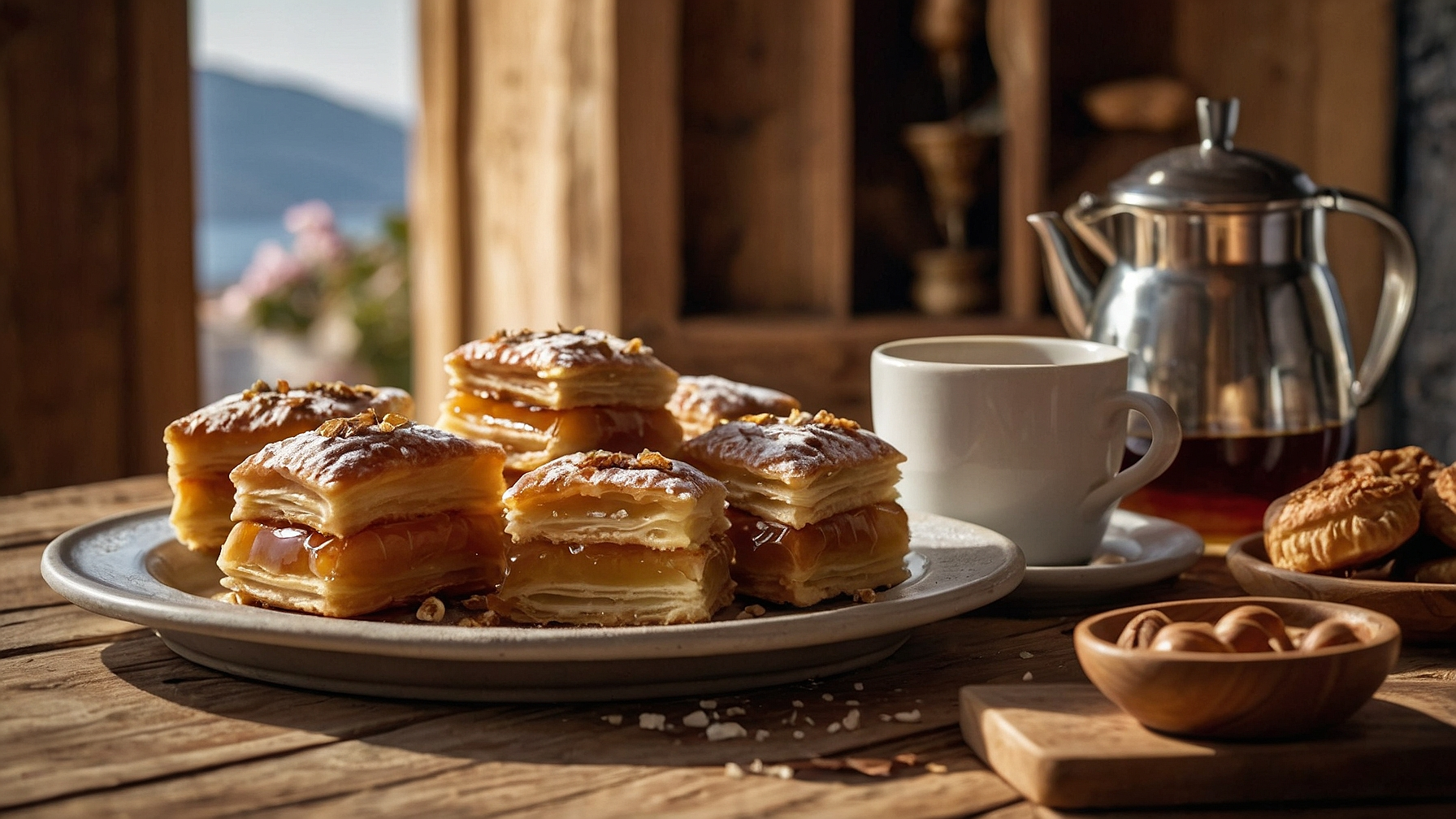 An assortment of traditional Greek desserts, including Baklava, Galaktoboureko, and Loukoumades, with honey and coffee on a rustic table