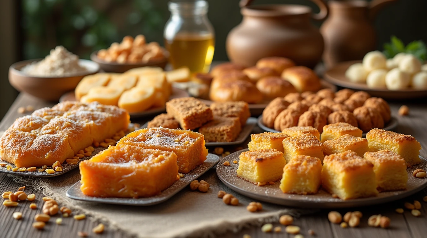 A variety of famous Greek desserts including Baklava, Loukoumades, Galaktoboureko, and Karydopita displayed on a rustic Greek table