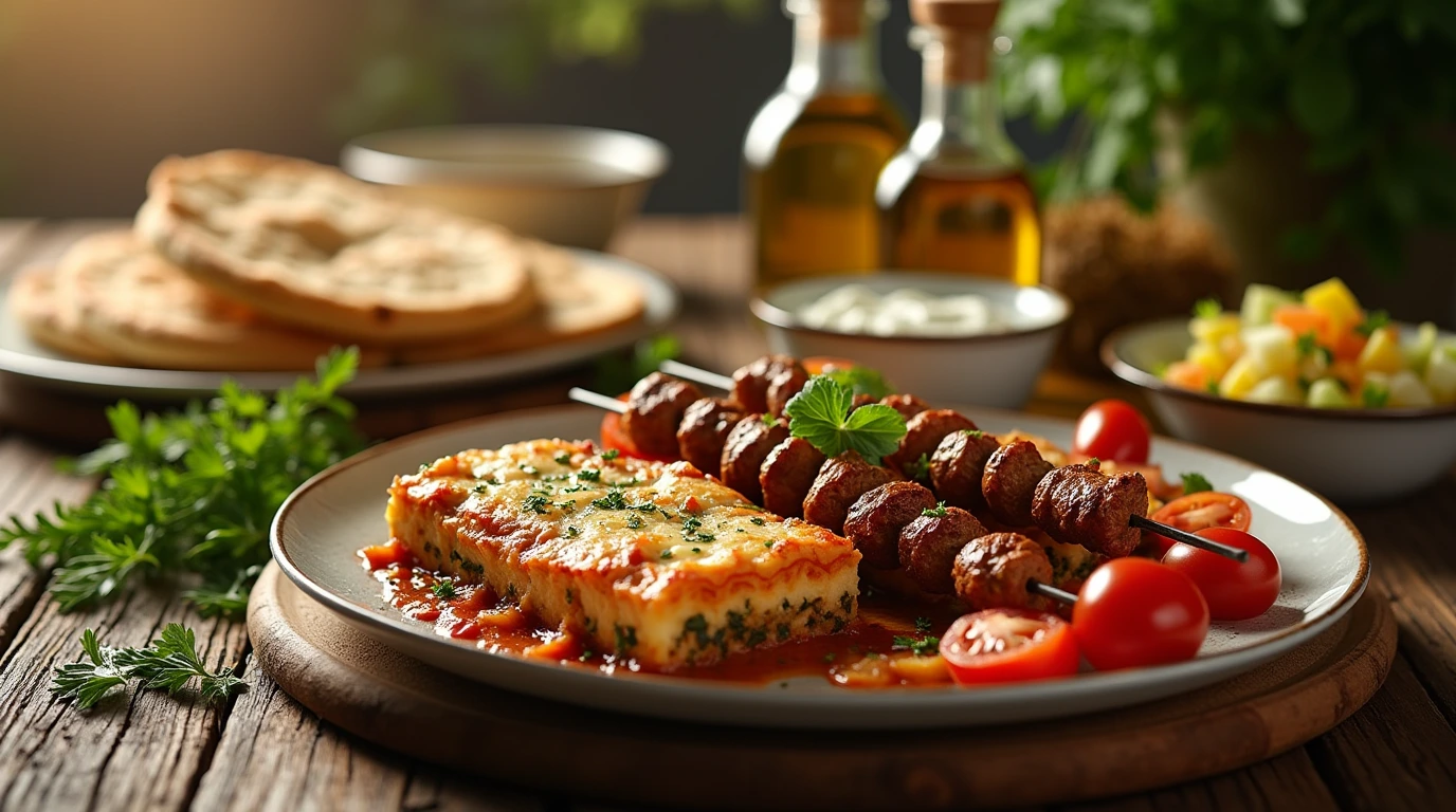 Traditional Greek dinner table with moussaka, souvlaki, Greek salad, and tzatziki.