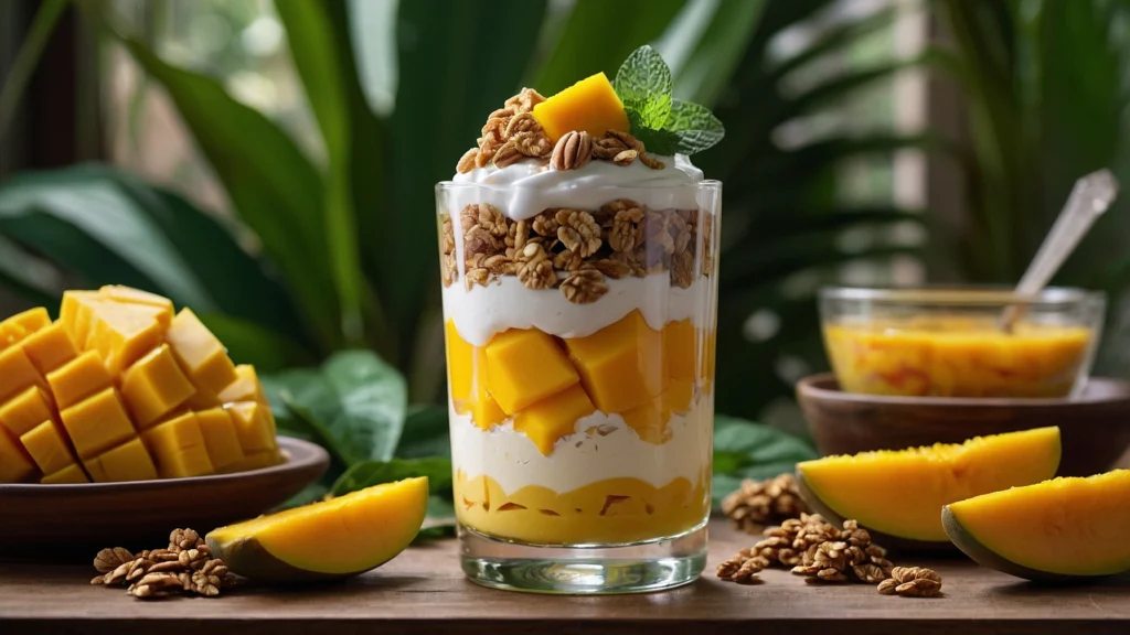 A tall glass of mango parfait layered with mango chunks, yogurt, and granola, topped with honey.