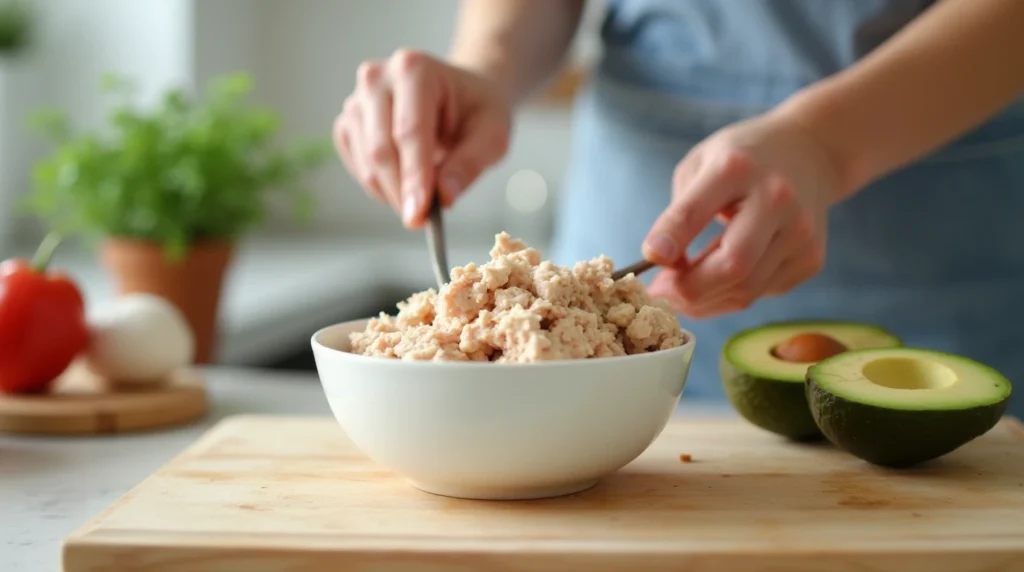 Canned tuna mixed with Greek yogurt and avocado