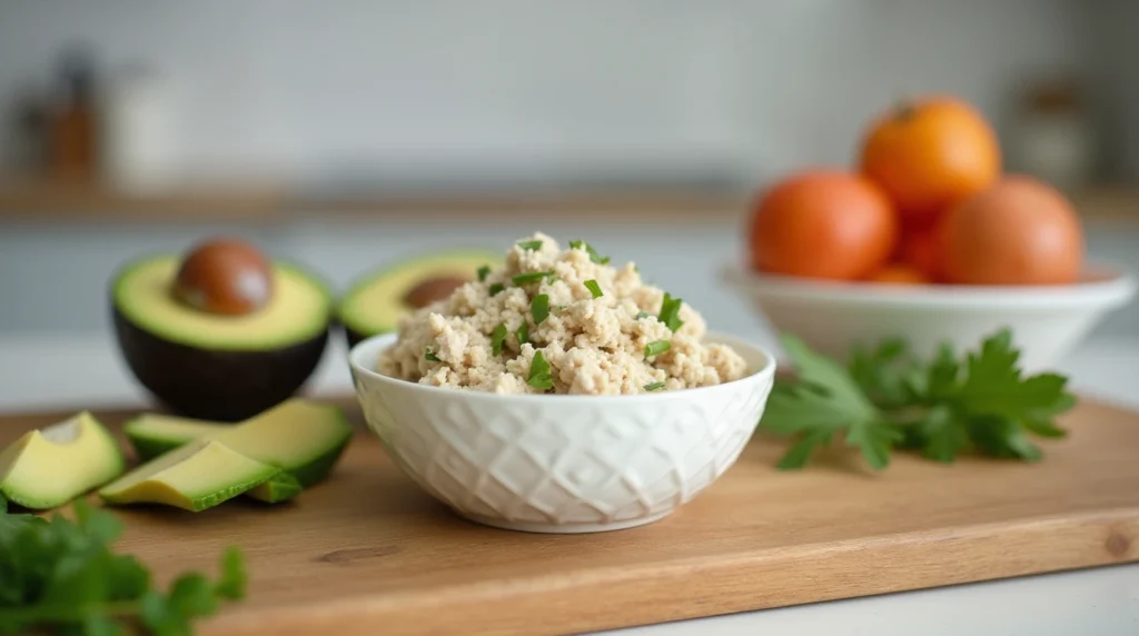 Healthy breakfast with tuna salad on toast and avocado