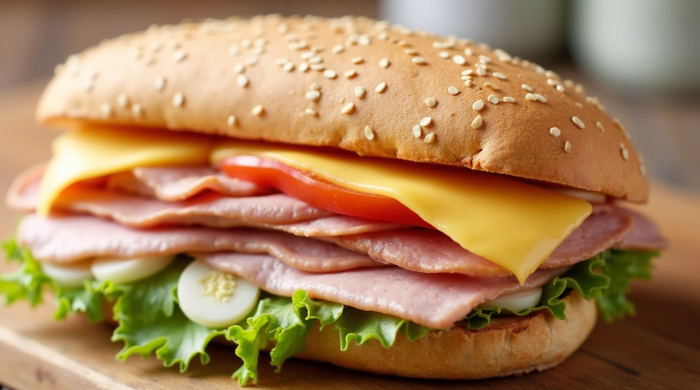 Slices of turkey lunch meat on a wooden board with fresh vegetables and herbs.